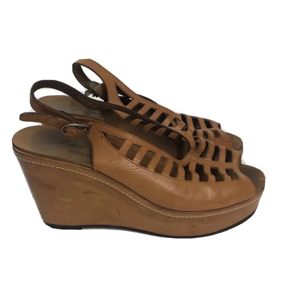 Women’s Robert Clergerie Cognac Leather Cutout Platform Sandals Size 8.5 - Picture 4 of 10